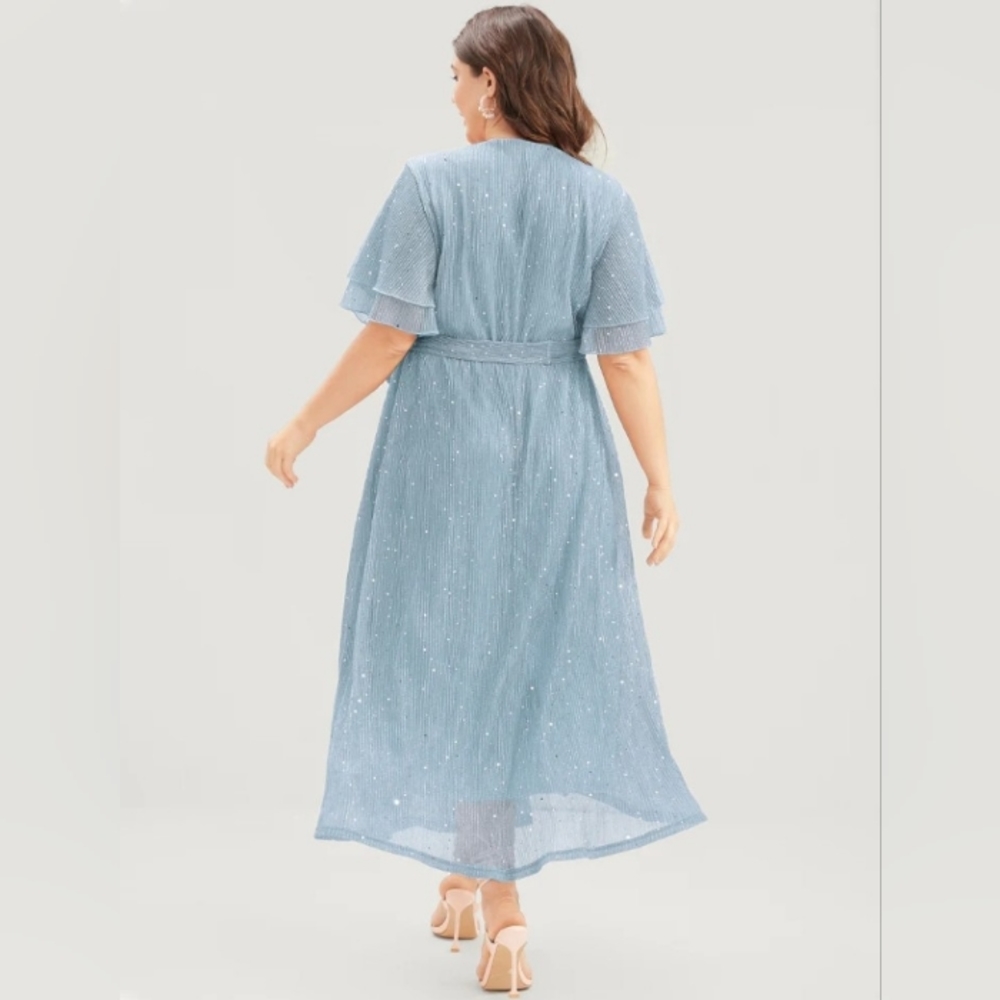 Chiffon, Sparkly Dress, W/ Ruffle Sleeves, Belt, & Pockets, Blue, Size 14-16 1X - Picture 4 of 8